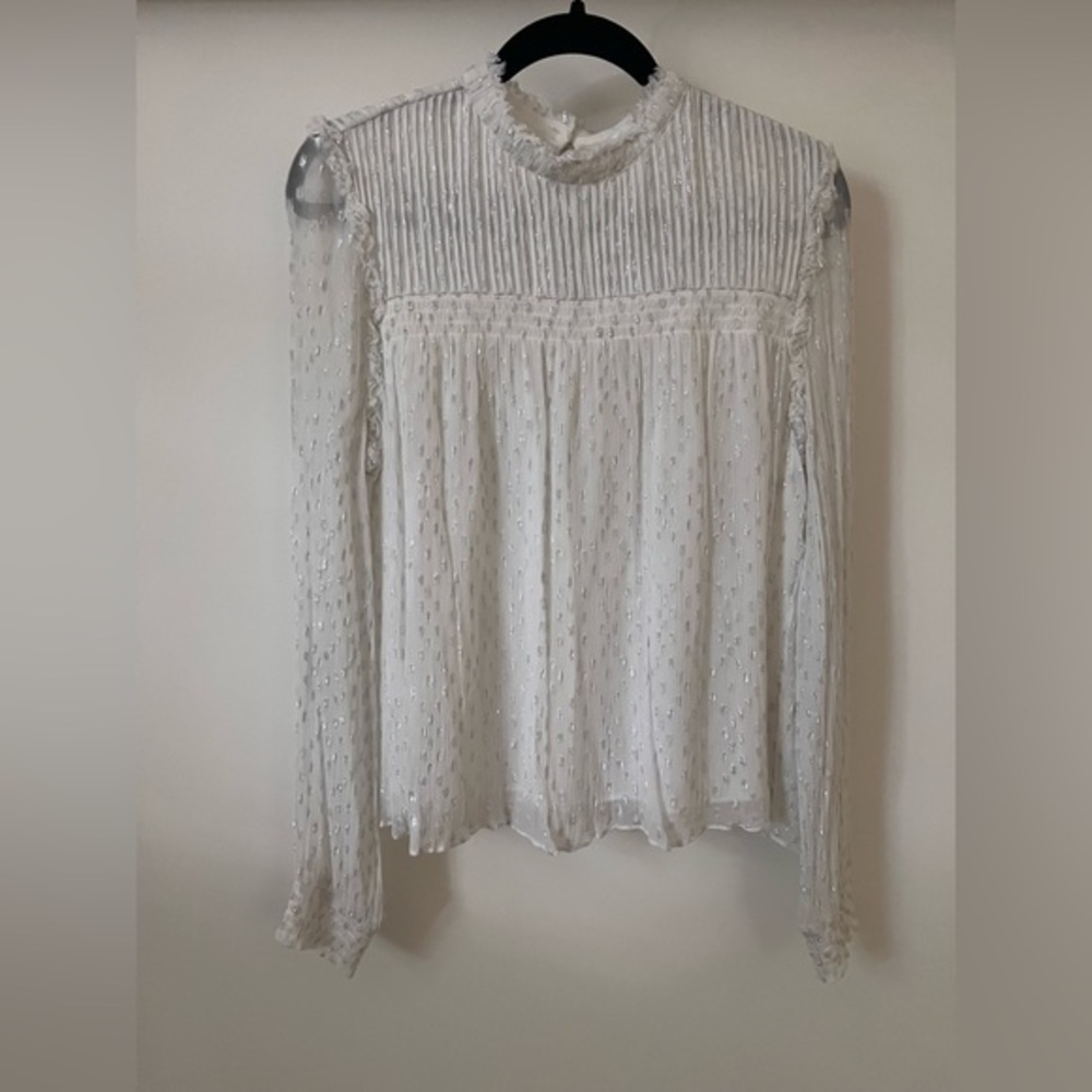 FRAME Smocked metallic white and silver top Size Medium